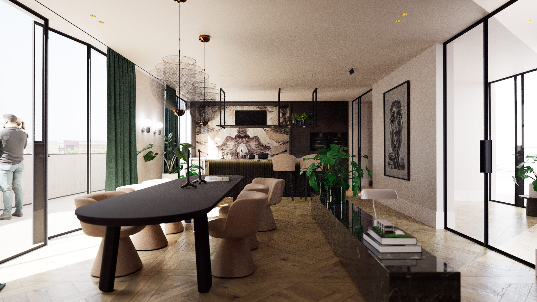 Penthouse interieur ontwerp met kookeiland en bookmatch keukenblad.