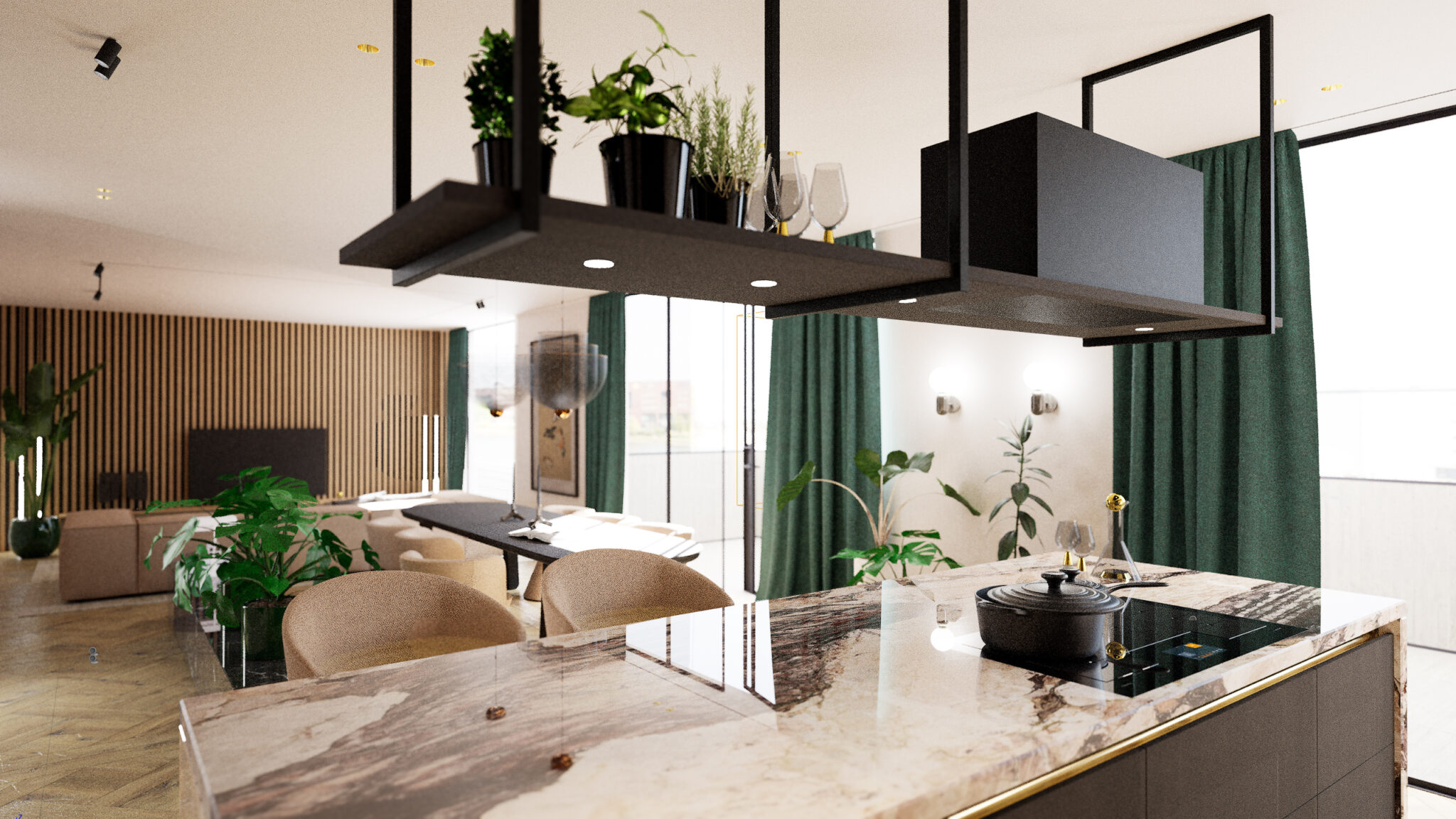 Keuken ontwerp met een rek boven het eiland.