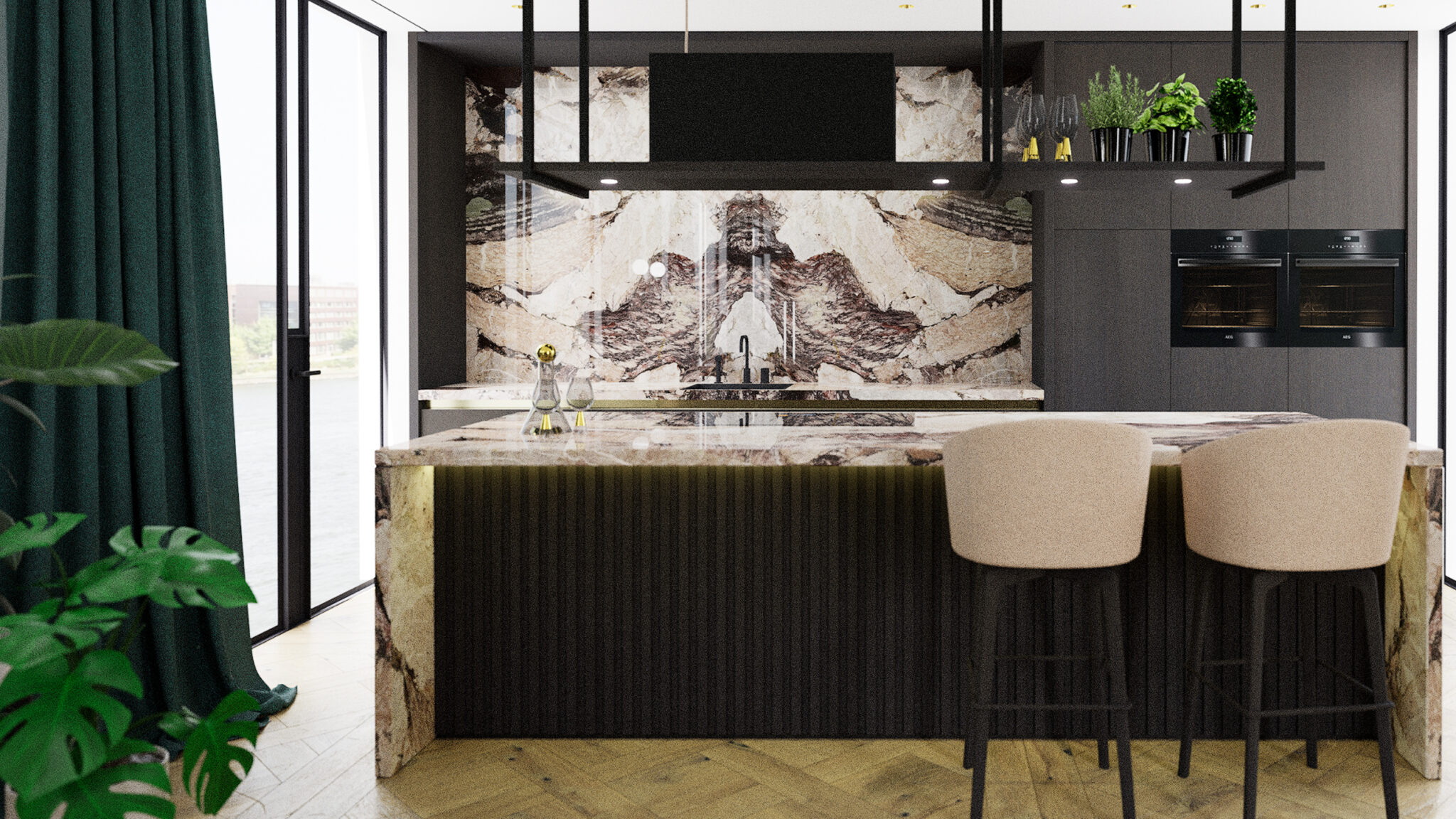 Penthouse interieur ontwerp met kookeiland en bookmatch keukenblad.